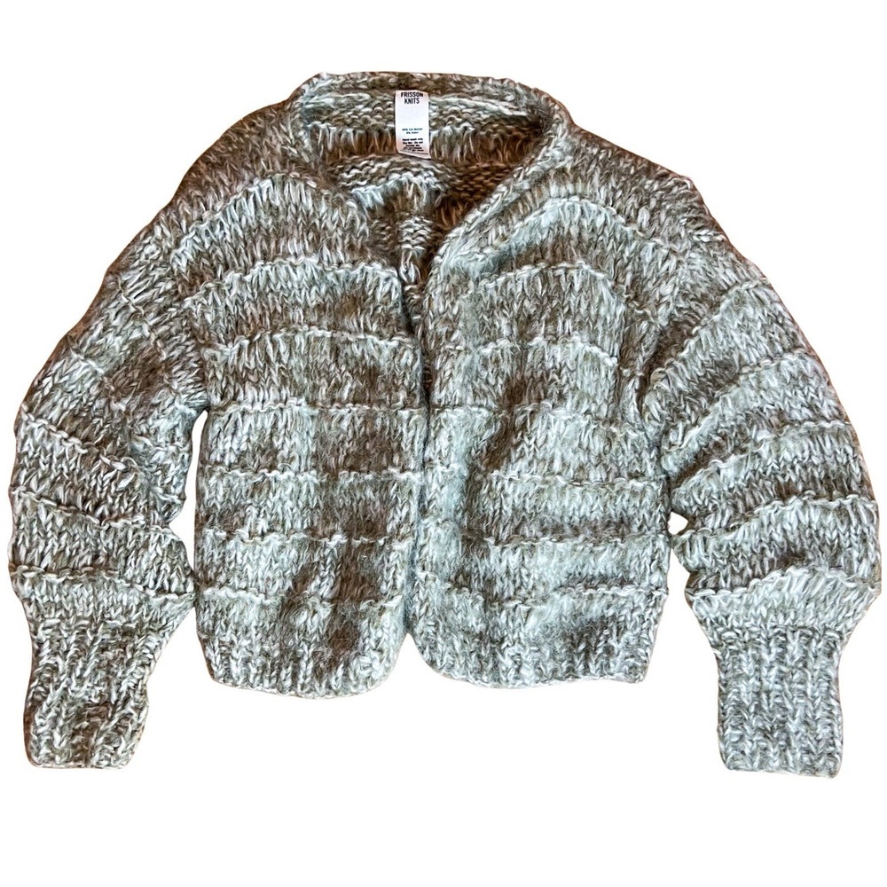 $456 Frisson Knits Mohair Cardigan O/S Gray Sand Chunky Soft Open Cozy Sweater